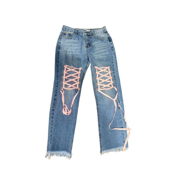 Y2k pink lace up distressed denim - Picture 1 of 4